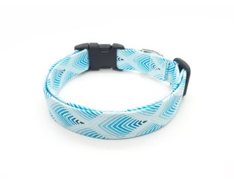 Blue Dog Collar, Teal Blue Feather Print Collar, Unique Designer Dog Collar, Modern Dog Collar, Buckle or Martingale Collar