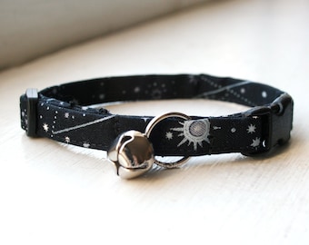 Galaxy Cat Collar, Breakaway Cat Collar, Handmade Cat Collar, Celestial Cat Accessories, Pet Accessories, Fabric Cat Collar, Black & Silver
