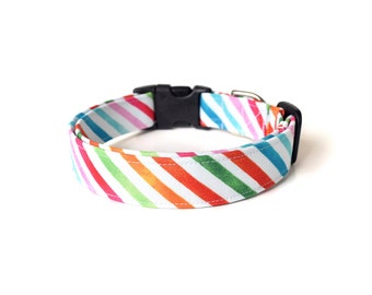 Candy Stripe Dog Collar, Rainbow Dog Collar, Designer Dog Accessories, Fun Pet Accessories, Adjustable Fabric Dog Collar, Colorful Stripes