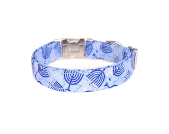 Hanukkah Dog Collar, Menorah Dog Collar, Blue Menorah Print, Chanukah Dog Accessories, Jewish Dog Gift