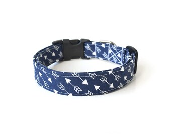 Arrow Dog Collar, Navy Blue Dog Collar, Designer Dog Accessory, Pet Accessories, Adjustable Collar, Fabric Dog Collar, Plastic Nickel Brass