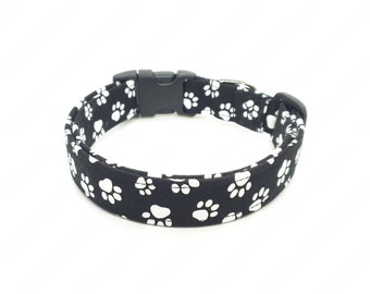 Black & White Paws Dog Collar, Paw Print Dog Collar, Black with White Paw Pattern, Buckle or Martingale