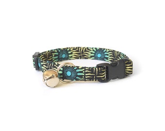 Southwest Cat Collar, Blue & Yellow Sun on Black, Tribal Cat Collar, Breakaway Cat Collar, Southwestern Pattern