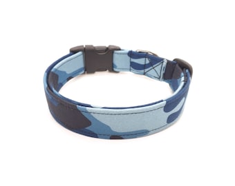 Blue Camo Dog Collar, Camouflage Collar, Designer Dog Accessory, Pet Accessories, Adjustable Fabric Dog Collar