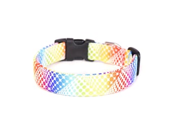 Rainbow Dots Dog Collar, Colorful LGBTQ Rainbow Pride Collar, Designer Dog Accessories, Adjustable Buckle or Martingale, Handmade to Order