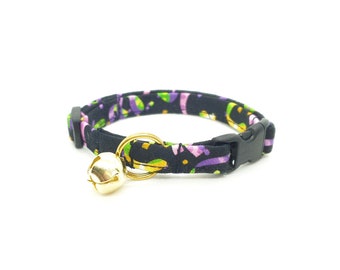 Mardi Gras Cat Collar, Breakaway Cat Collar, Purple Green & Gold Ribbons on Black, Cat or Kitten Collar