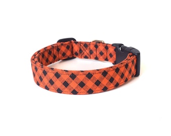 Orange Dog Collar, Orange Plaid Dog Collar, Halloween Dog Collar, Modern Dog Collar, Designer Dog Accessories, Pet Accessory, Orange Black