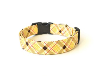 Yellow Plaid Dog Collar, Designer Dog Accessories, Pet Accessory, Adjustable Dog Collar