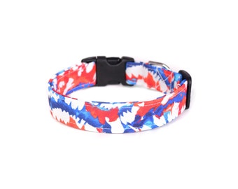 Red White and Blue Tie Dye Dog Collar, 4th of July Dog Collar, Adjustable Designer Dog Collar