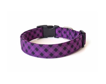 Purple Dog Collar, Purple Plaid Dog Collar, Unisex Dog Collar, Modern Dog Collar, Designer Dog Accessories, Cute Pet Accessory, Purple Black