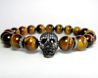 Mens Tiger Eye Skull Bracelet, Mens Beaded Bracelet, Mens Skull Jewelry, Mens Gift, Gemstone Stretch Bracelet, Micro Pave