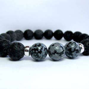 Mens Snowflake Obsidian Bracelet, Mens Beaded Bracelet, Gemstone Stretch Bracelet, Mens Gift, Black Lava, Sterling Silver image 2