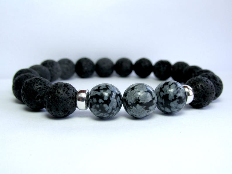 Mens Snowflake Obsidian Bracelet, Mens Beaded Bracelet, Gemstone Stretch Bracelet, Mens Gift, Black Lava, Sterling Silver image 2