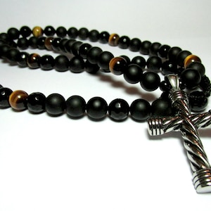 Mens Onyx Cross Necklace, Mens Cross Pendant Necklace, Mens Tiger Eye Necklace, Mens Beaded Necklace, Gift for Men