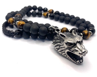 Mens Onyx Wolf Necklace, Mens Tiger Eye Necklace, Wolf Pendant Necklace, Mens Beaded Necklace, Mens Gift, Mens Statement Necklace