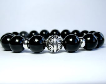 Mens Black Onyx Bracelet Sterling Silver, Mens Beaded Bracelet, Mens Gift, Mens Gemstone Stretch Bracelet