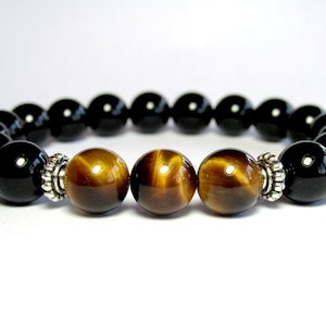 Mens Tiger Eye Black Onyx Bracelet, Mens Beaded Bracelet, Mens Jewelry Gift, Mens Gemstone Stretch Bracelet
