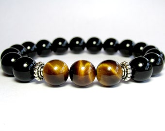 Mens Tiger Eye Black Onyx Bracelet, Mens Beaded Bracelet, Mens Jewelry Gift, Mens Gemstone Stretch Bracelet