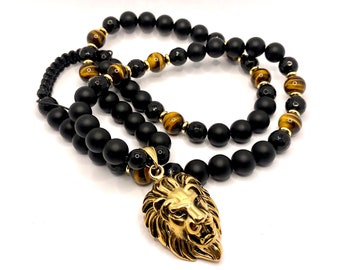 Mens Tiger Eye Black Onyx Lion Necklace, Statement Necklace, Mens Pendant Necklace, Mens Beaded Necklace, Mens Gift Birthday