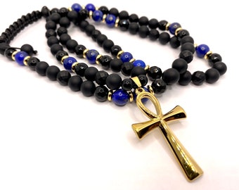 Mens Onyx and Lapis Lazuli Ankh Necklace, Mens Ankh Necklace, Mens Pendant Necklace, Mens Beaded Necklace, Mens Statement Necklace