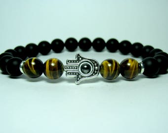 Mens Tiger Eye Hamsa Bracelet, Mens Beaded Bracelet, Black Onyx Bracelet, Mens Gift, Mens Gemstone Stretch Bracelet