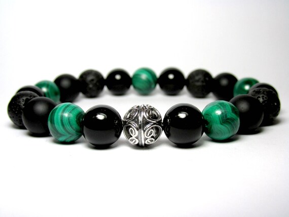 Mens Malachite Bracelet Sterling Silver Mixed Stone Bracelet