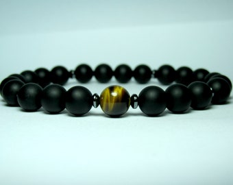 Black Onyx and Tiger Eye Bracelet, Mens Beaded Bracelet, Stretch Bracelet, Gemstone Bracelet, Mens Gift, Bracelet for Men