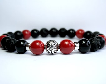 Mens Red Jasper Bracelet, Mens Beaded Bracelet, Sterling Silver,Black Onyx Mixed Bead Bracelet, Gemstone Stretch Bracelet