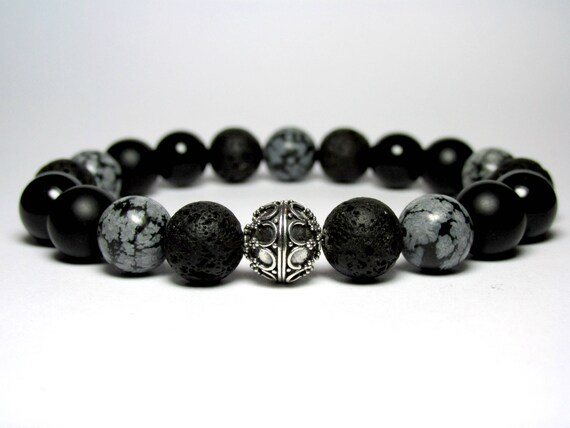 Mens Stretch Bracelet with Black Lava and Snowflake Obsidian Beads Mens Stretch Bracelet with Black Lava and Snowflake Obsidian Beads
