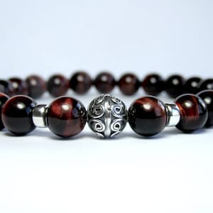 Mens Red Tiger Eye Bracelet, Sterling Silver Jewelry, Beaded, Mens Gift