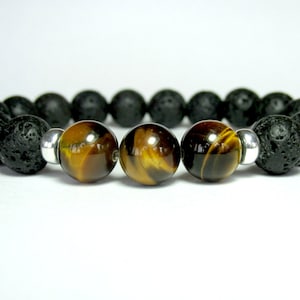 Mens Tiger Eye Black Lava Bracelet, Mens Beaded Bracelet, Gemstone Stretch Bracelet, Mens Jewelry Gift