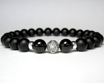 Mens Black Onyx Bracelet Sterling Silver, Mens Beaded Bracelet, Mens Gemstone Stretch Bracelet, Mens Gift for Men