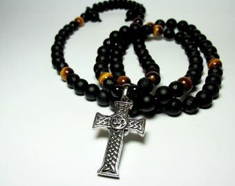 Mens Onyx Cross Pendant Necklace, Celtic Cross Pendant Necklace, Mens Tiger Eye Necklace, Mens Beaded Necklace for Men, Mens Gift