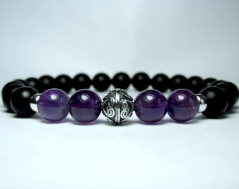 Mens Amethyst Bracelet Sterling Silver, Mens Beaded Bracelet, Mens Black Onyx Bracelet,  Mens Gemstone Stretch Bracelet, Mens Gift for Men