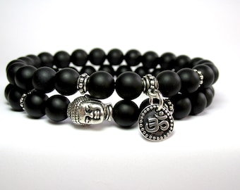 Mens Black Onyx Buddha Bracelet, Mens Beaded Bracelet, Mens Gemstone Stretch Bracelet, Yoga Meditation