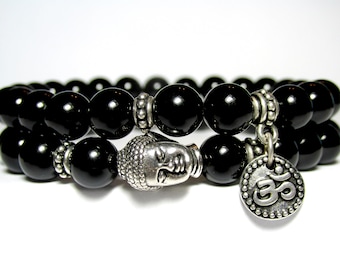 Mens Onyx Buddha Bracelet Set, Mens Beaded Bracelet, Mens Gift, Yoga Meditation Bracelet, Gemstone Stretch Bracelet