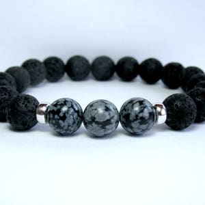 Mens Snowflake Obsidian Bracelet, Mens Beaded Bracelet, Gemstone Stretch Bracelet, Mens Gift, Black Lava, Sterling Silver image 5