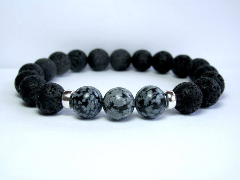 Mens Snowflake Obsidian Bracelet, Mens Beaded Bracelet, Gemstone Stretch Bracelet, Mens Gift, Black Lava, Sterling Silver image 5