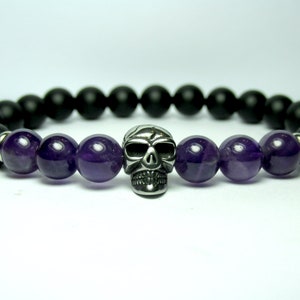 Mens Amethyst Skull Bracelet, Mens Black Onyx Bracelet, Mens Beaded Bracelet, Mens Gemstone Stretch Bracelet, Skull Jewelry, Mens Gift