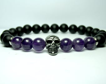 Mens Amethyst Skull Bracelet, Mens Black Onyx Bracelet, Mens Beaded Bracelet, Mens Gemstone Stretch Bracelet, Skull Jewelry, Mens Gift