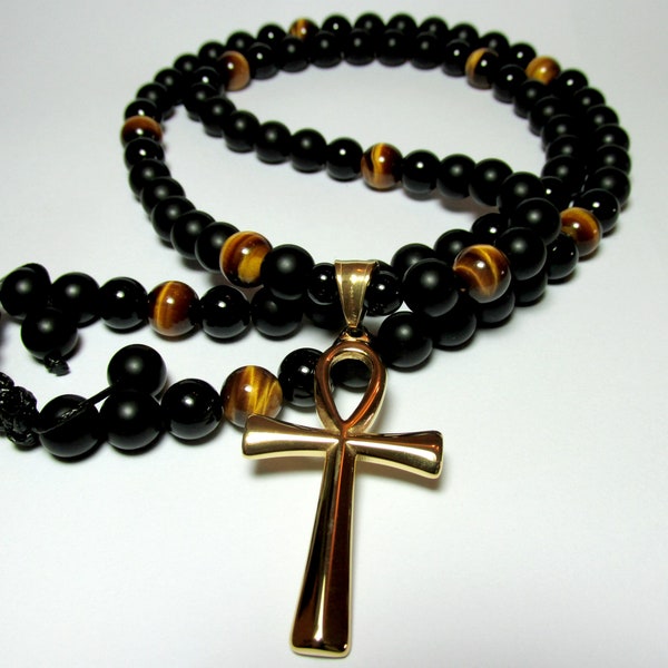 Mens Onyx Tiger Eye Ankh Pendant Necklace, Mens Cross Necklace, Mens Gift, Gemstone Necklace