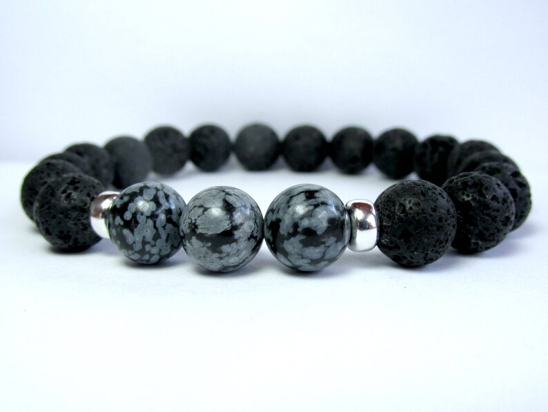 Mens Snowflake Obsidian Bracelet, Mens Beaded Bracelet, Gemstone Stretch Bracelet, Mens Gift, Black Lava, Sterling Silver image 3