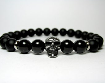 Mens Black Tourmaline Skull Bracelet, Mens Skull Jewelry, Mens Beaded Bracelet, Mens Gemstone Stretch Bracelet, Mens Gift