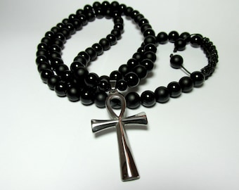 Mens Black Onyx Ankh Pendant Necklace, Mens Beaded Cross, Gift Jewelry