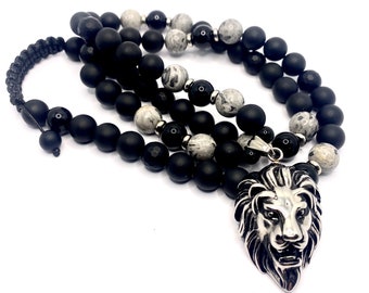 Mens Onyx Lion Necklace, Mens Lion Pendant Necklace, Mens Beaded Necklace, Gift for Men, Mens Picasso Jasper Necklace