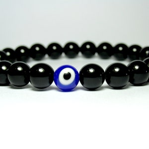 Black Onyx Evil Eye Bracelet, Mens Beaded Bracelet, Protection, Mens Gemstone Stretch Bracelet, Mens Gift