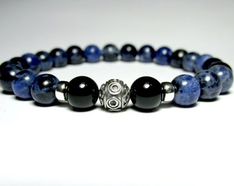 Mens Blue Sodalite Bracelet Sterling Silver, Mens Beaded Bracelet, Mens Black Onyx Bracelet, Mens Gemstone Stretch Bracelet