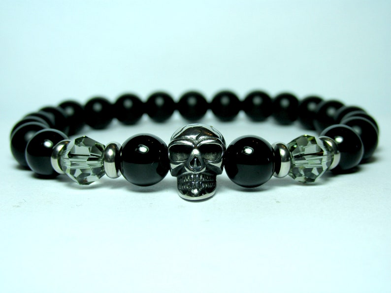 Mens Gift for Men Mens Onyx Skull Bracelet Mens Skull Bracelet Stainless Steel Bracelet Bracelet for Men Mens Beaded Bracelet for Men