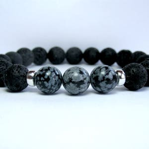 Mens Snowflake Obsidian Bracelet, Mens Beaded Bracelet, Gemstone Stretch Bracelet, Mens Gift, Black Lava, Sterling Silver image 1