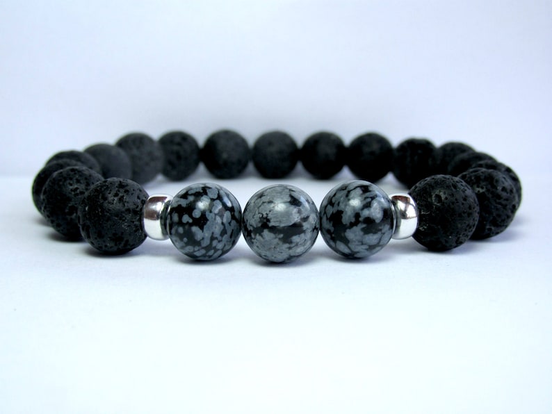Mens Snowflake Obsidian Bracelet, Mens Beaded Bracelet, Gemstone Stretch Bracelet, Mens Gift, Black Lava, Sterling Silver image 1